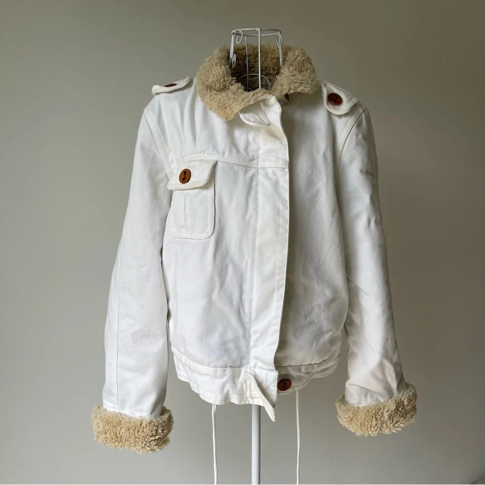 Joe’s denim full zip Sherpa jacket pockets cream ivory cotton size L